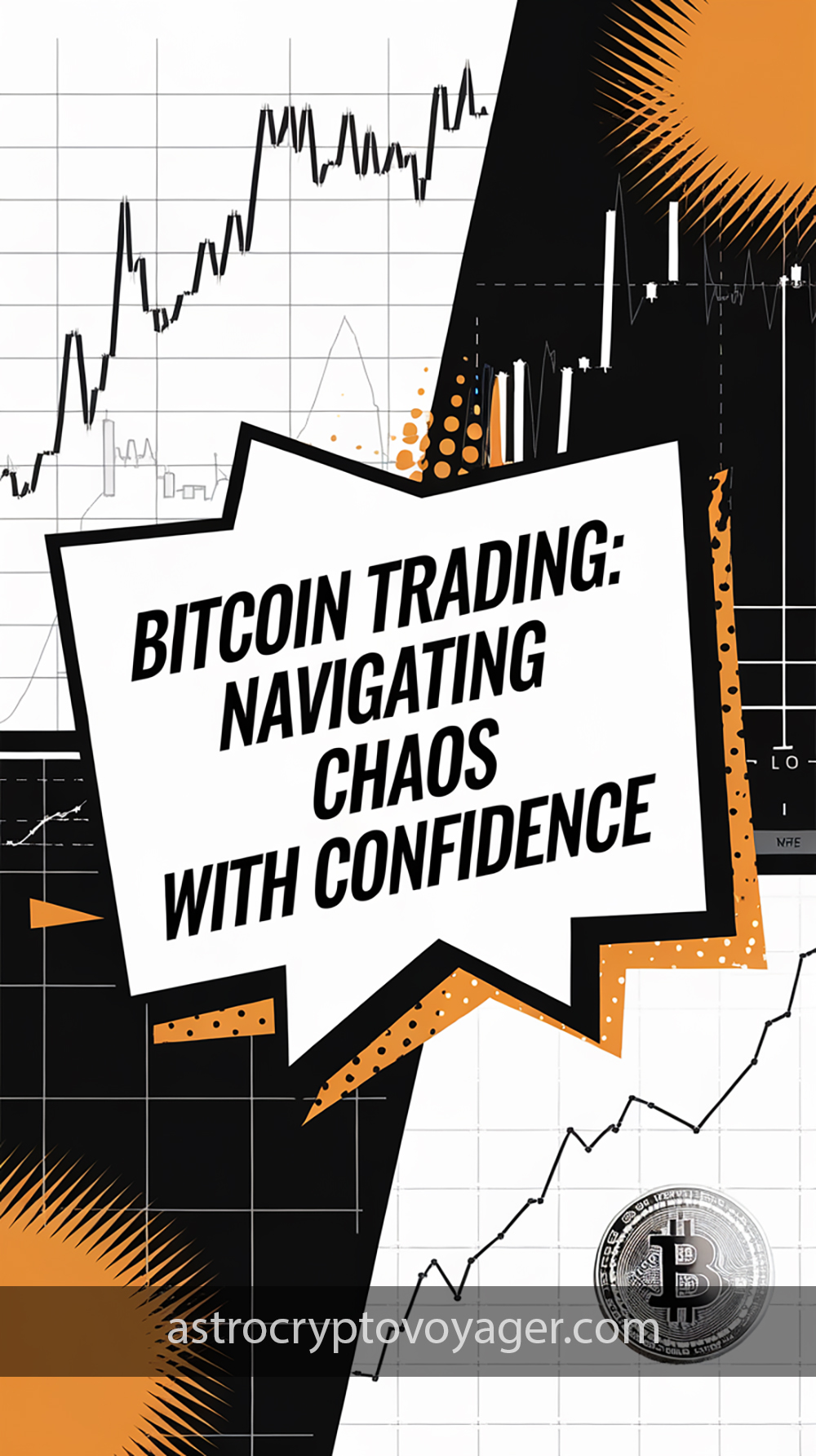 Comic book style, black and white with orange accents: Text on the image: "Bitcoin Trading Navigating Chaos with Confidence."